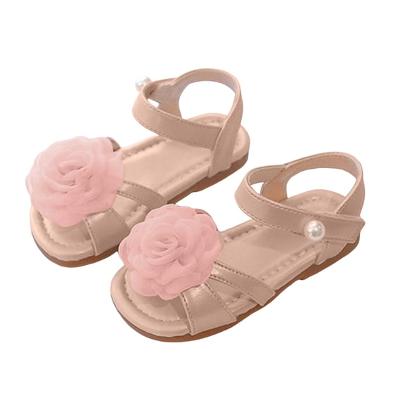 Girls Sandals Cute Floral Open Toe Summer Flat Shoes Pearl Strap Flower Girl Princess Dress Shoes Pink 13 Little Kid