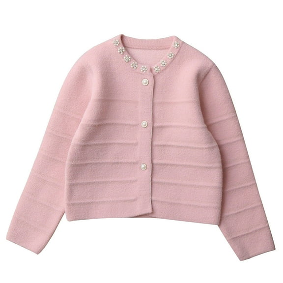 IVEYRTF Kids Knitted Cardigan Long Sleeve Sweater Warm Outerwear for Children Boys Girls Cozy Soft Comfortable Fall Winter Casual Everyday Wear Playground Holiday(Pink,11 Years)