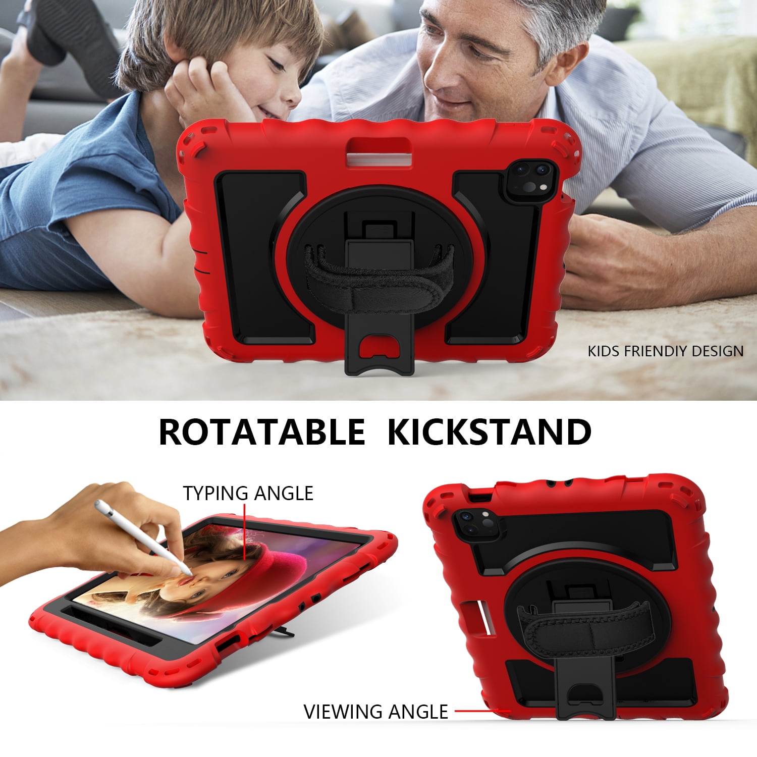 Allytech iPad Air 5 4 10.9 Case 2022/2020, Heavy Duty Shockproof Kids Case with Pencil Holder Hand Strap Kickstand Shoulder Strap for Apple iPad Air 5th 4th Generation 10.9 Inch -Red