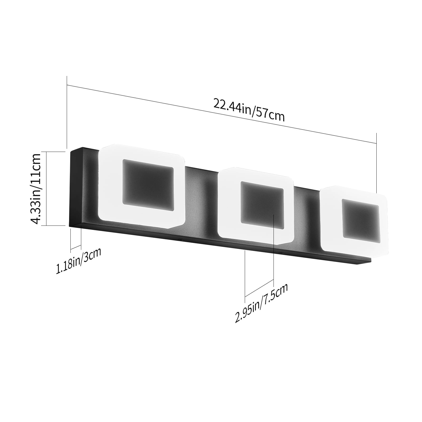 LMQNINE 3-Light Dimmable LED Bathroom Vanity Light Over Mirror,Fog and Corrosion Resistant,Modern Black Acrylic Wall Fixture
