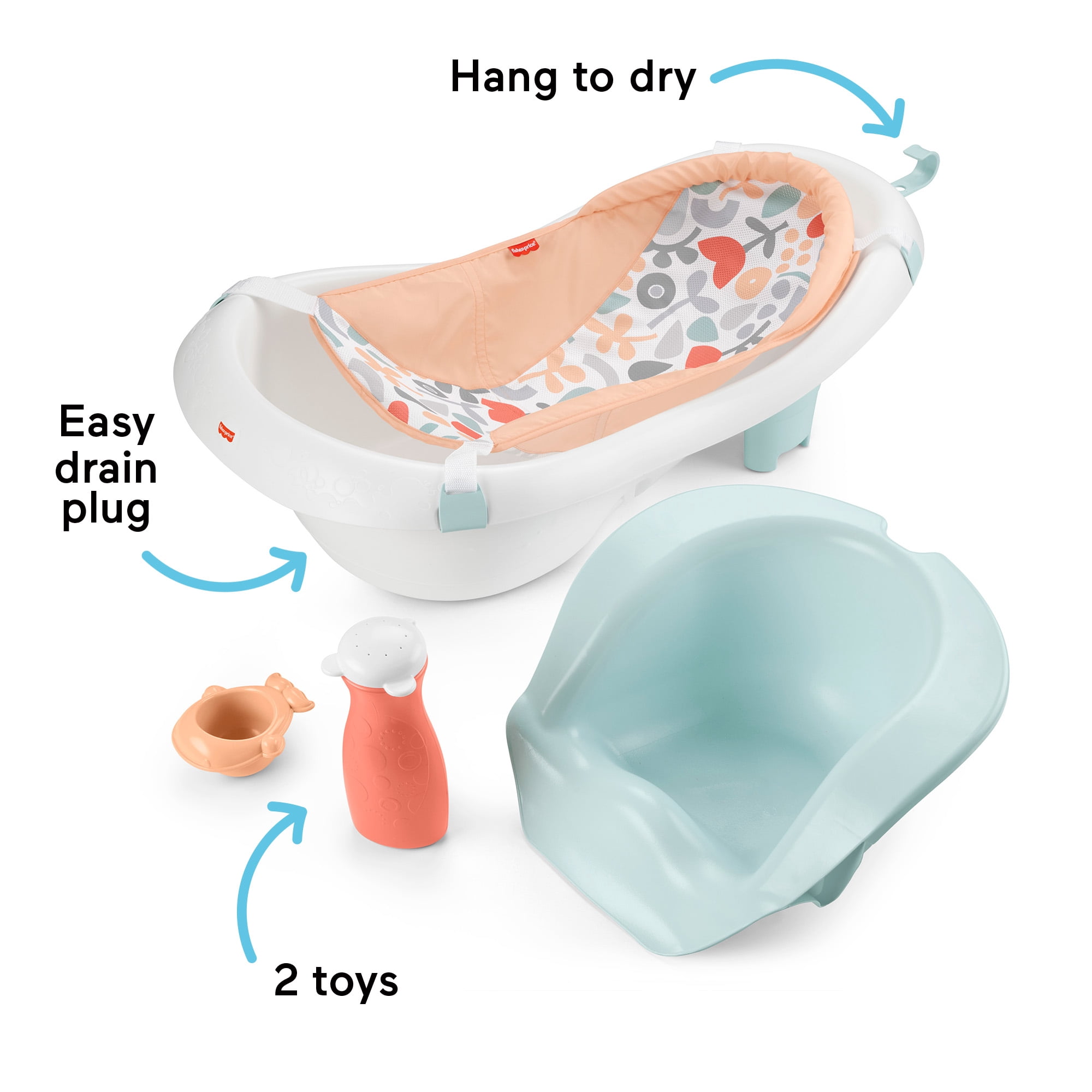 Fisher-Price Baby to Toddler Bath 4-in-1 Sling ‘n Seat Tub with Removable Infant Support and 2 Toys, Summer Blossoms