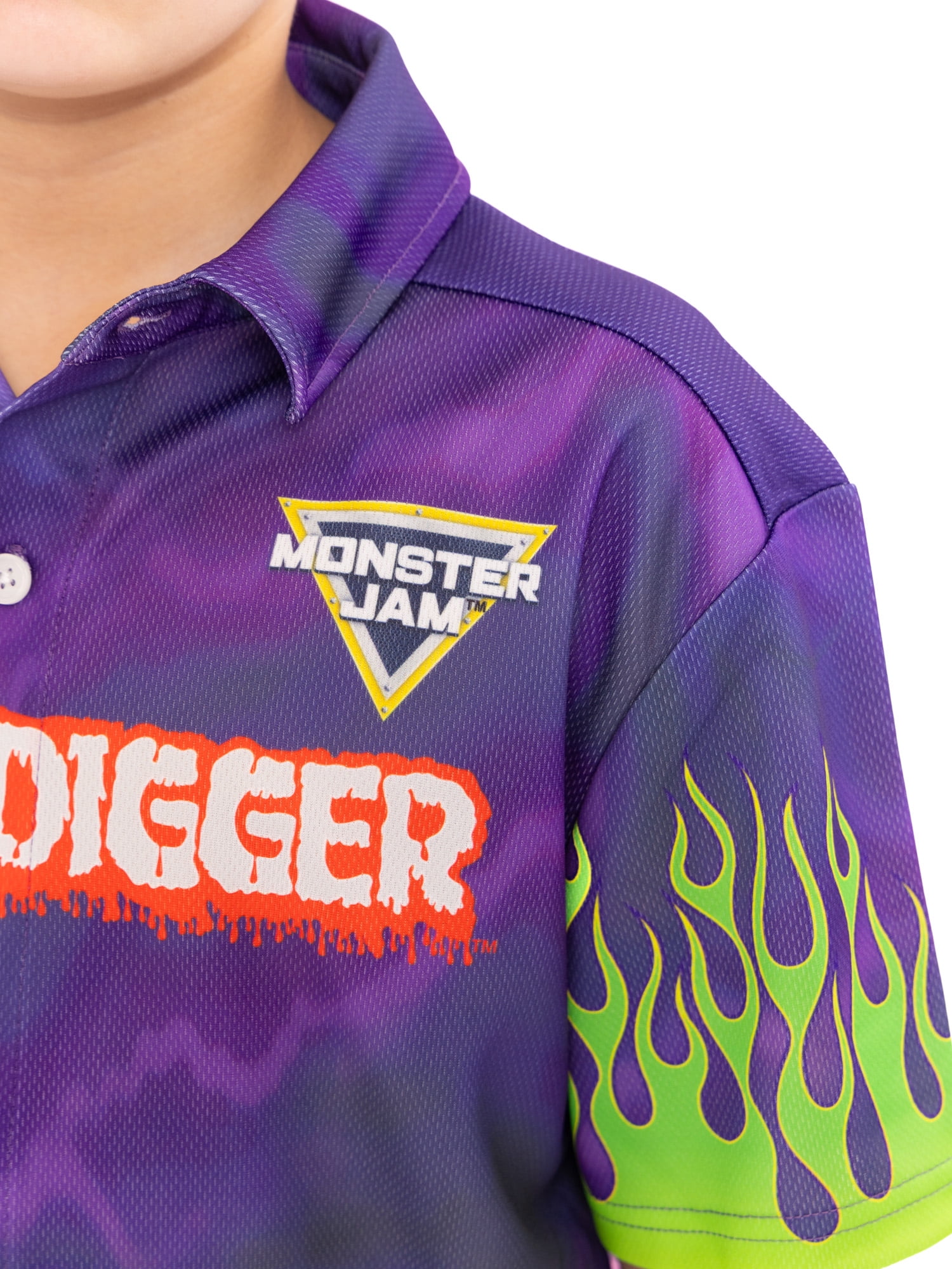 Monster Jam Grave Digger Boys Button Shirt with Short Sleeves, Sizes 4-16