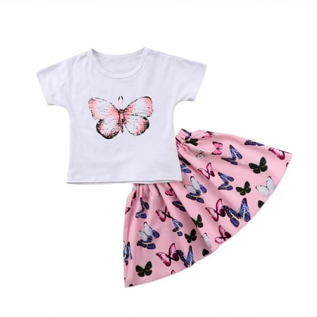 - Toddler Baby Girls Butterfly Outfits Clothes Summer T-shirt Skirts Mini 2pcs Set