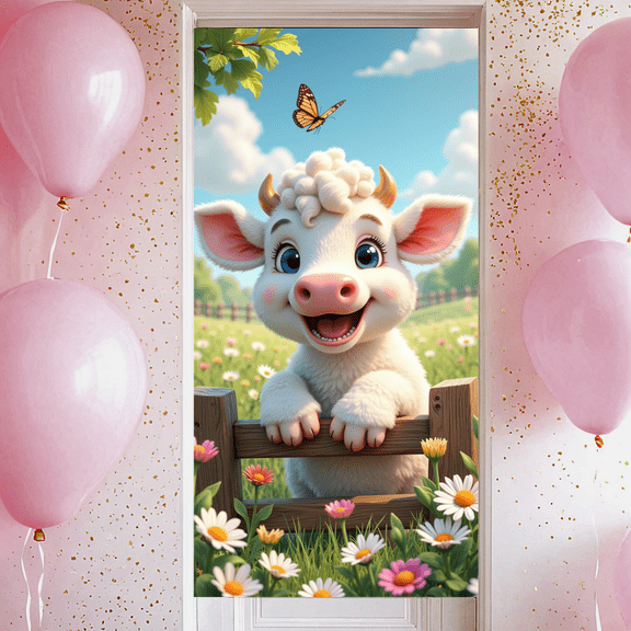 Cartoon Design Farm Animal Banner Happy Cow Pastoral Scene Baby Decor for Nursery Room Kids Party Baby Shower