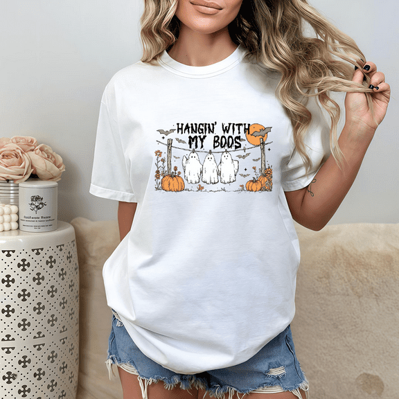 Women's Halloween Party T-Shirt, "My Boos" Funny Ghost Graphic Top, White, S-4XL