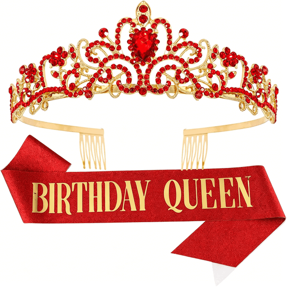AUQ Birthday Queen Tiara Crowns for Women, Red Sash, Party Supplies, 30th Decorations, Accessories