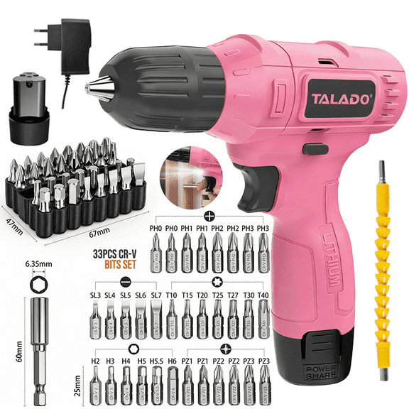 TALADO 12V Cordless Screwdriver with LED Work Light and 33pcs bits 20N.M Rechargeable Lithium Battery Compact Design Home DIY Electric Drill Power Tool Set