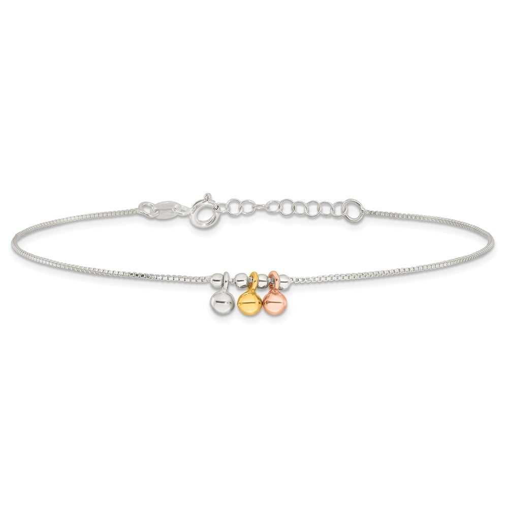 Auriga Fine Jewelry 925 Sterling Silver with Rose and Gold-Tone Dangle Beads 9in Plus 1in ext. Anklet for Women