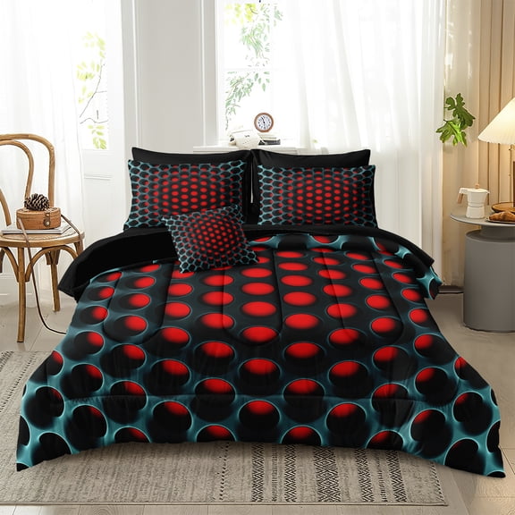 Stereoscopic Bedding Set Red Green Honeycomb King Comforter Set 8 Pcs Geometric Bed Set with Sheets Colorful Neon Grid Bedding Quilt Set Soft Lightweight King Bed in a Bag for All Seasons with 1 Comf
