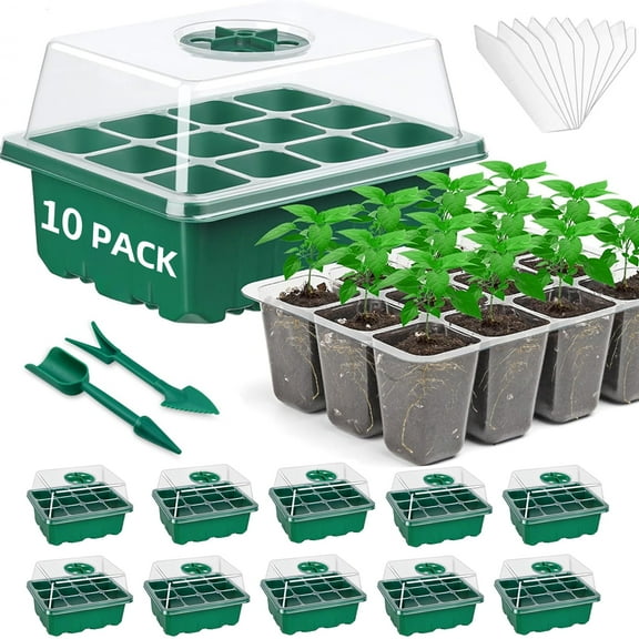 Fabulas Seed Starter Tray Kit, 10 Packs Seedling Starter Trays with Humidity Dome and Base, Reusable 120 Cells Plant Germination Trays for Mini Greenhouse Propagator Indoor Garden