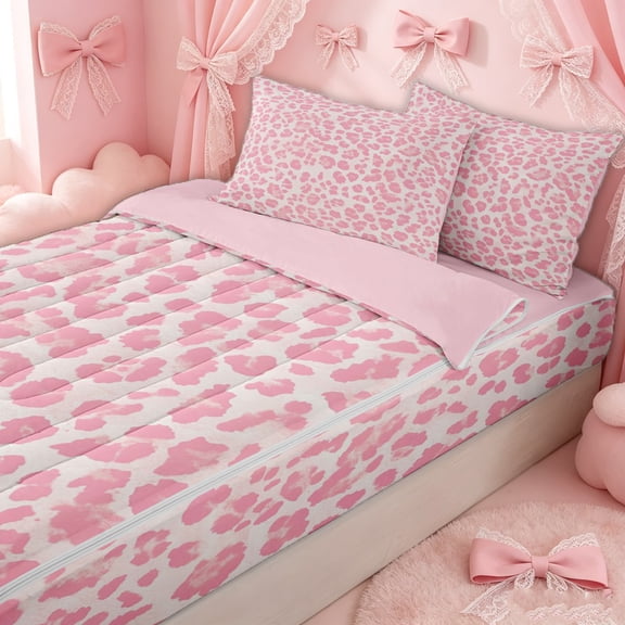 Erosebridal Leopard Animal Print Zipper Twin Comforter Sets with Fitted Sheet and 2 Pillowcases for Girls, Modern Fashion Style Zipper Bedding Set, Pink Reversible, 4-Piece