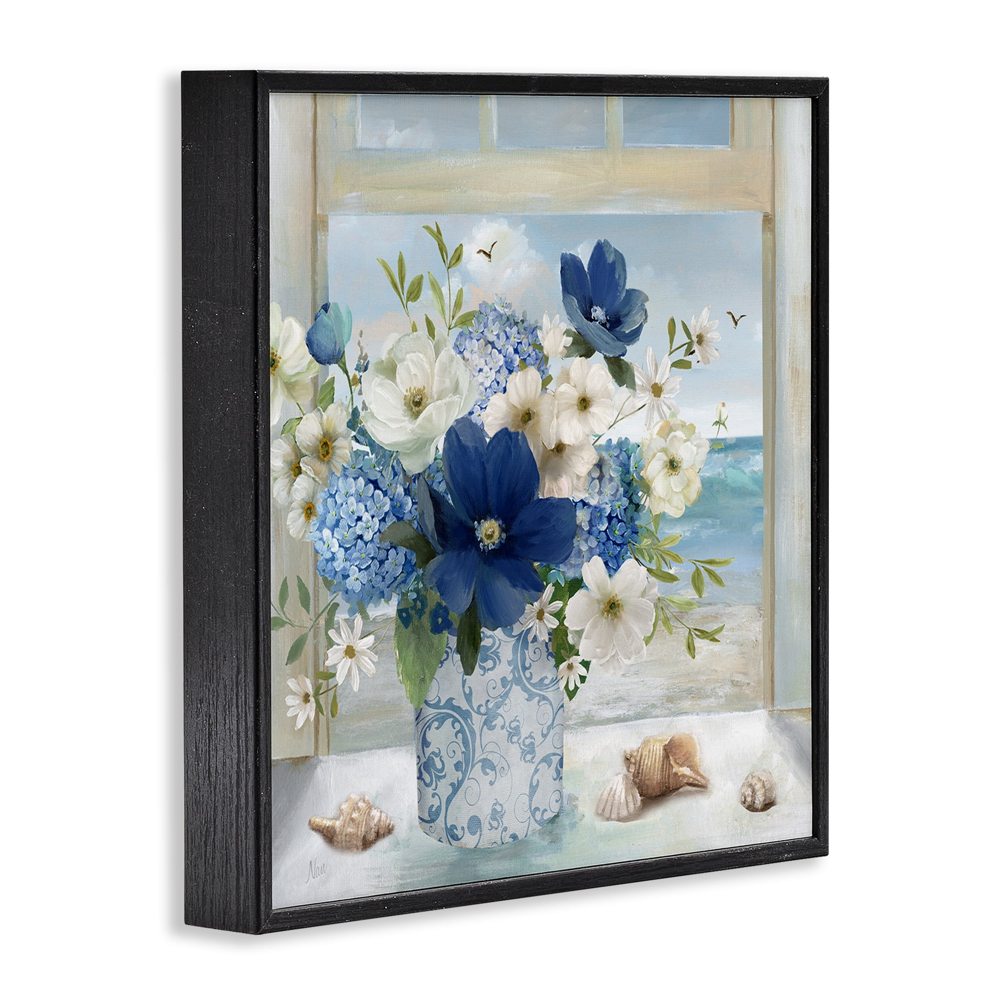 Stupell Industries Seaside Blue & White Arrangement Black Framed Giclee Art, design by Nan