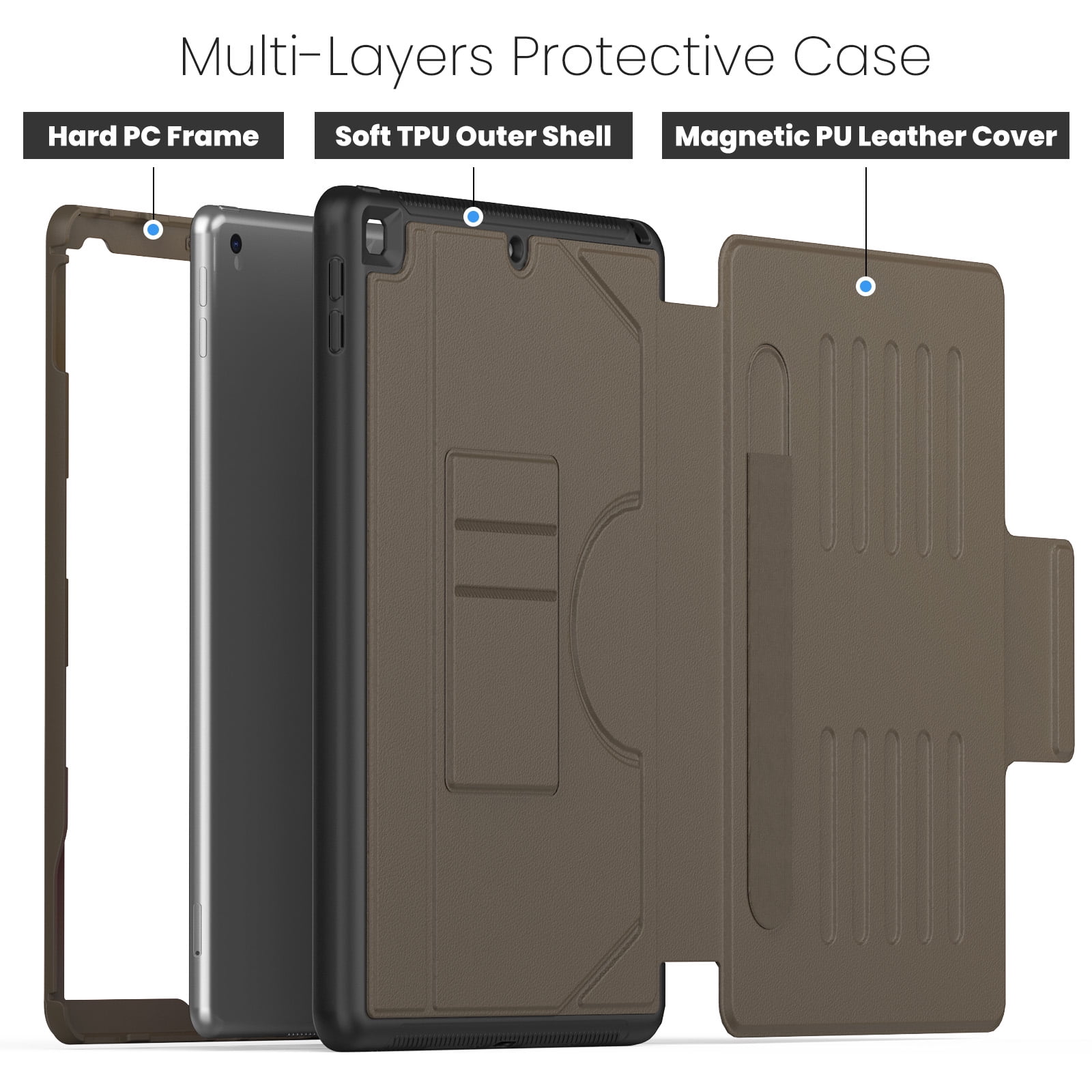 Business-Style Case for Apple iPad 9th/8th/7th Generation (2021/2020/2019) 10.2", PU Leather Protective Folio Heavy-Duty Case with Magnetic Stand /Pencil Holder /Auto Sleep Wake Function, Brown