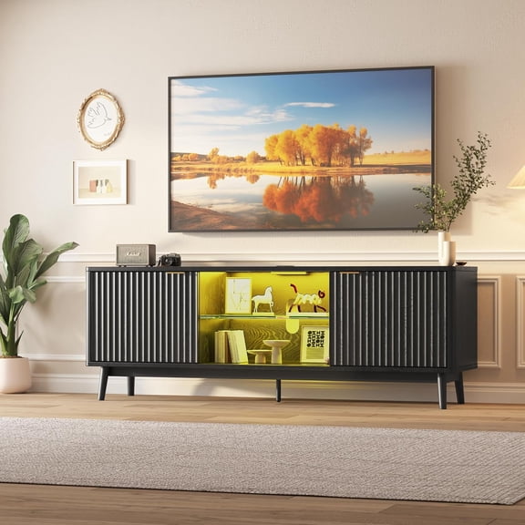 TV Stands for Living Room, 63'' Mid Century Modern Entertainment Center with Storage and LED Lights, TV Console for TV up to 75 inch with Power Outlet, Black