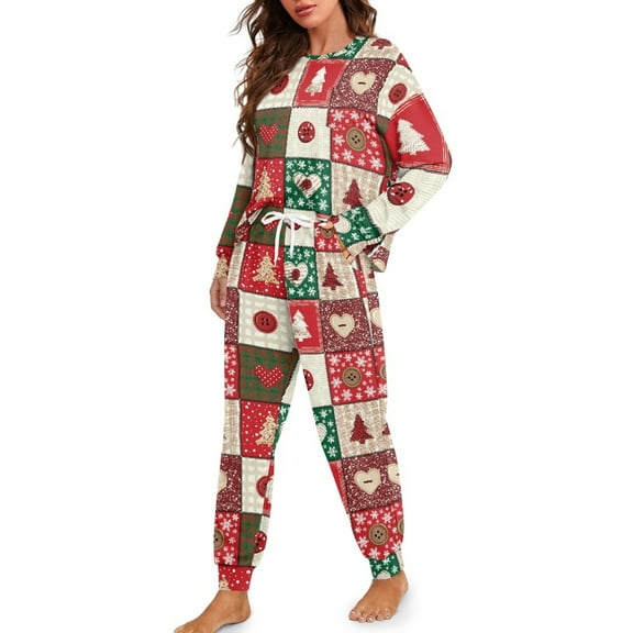 Tutolipy Christmas Tree Printed Drawstring Pajamas for Women Soft Sleepwear Crewneck Nightwear Long Sleeve Tops Jogger Pants Pajama Sets, S