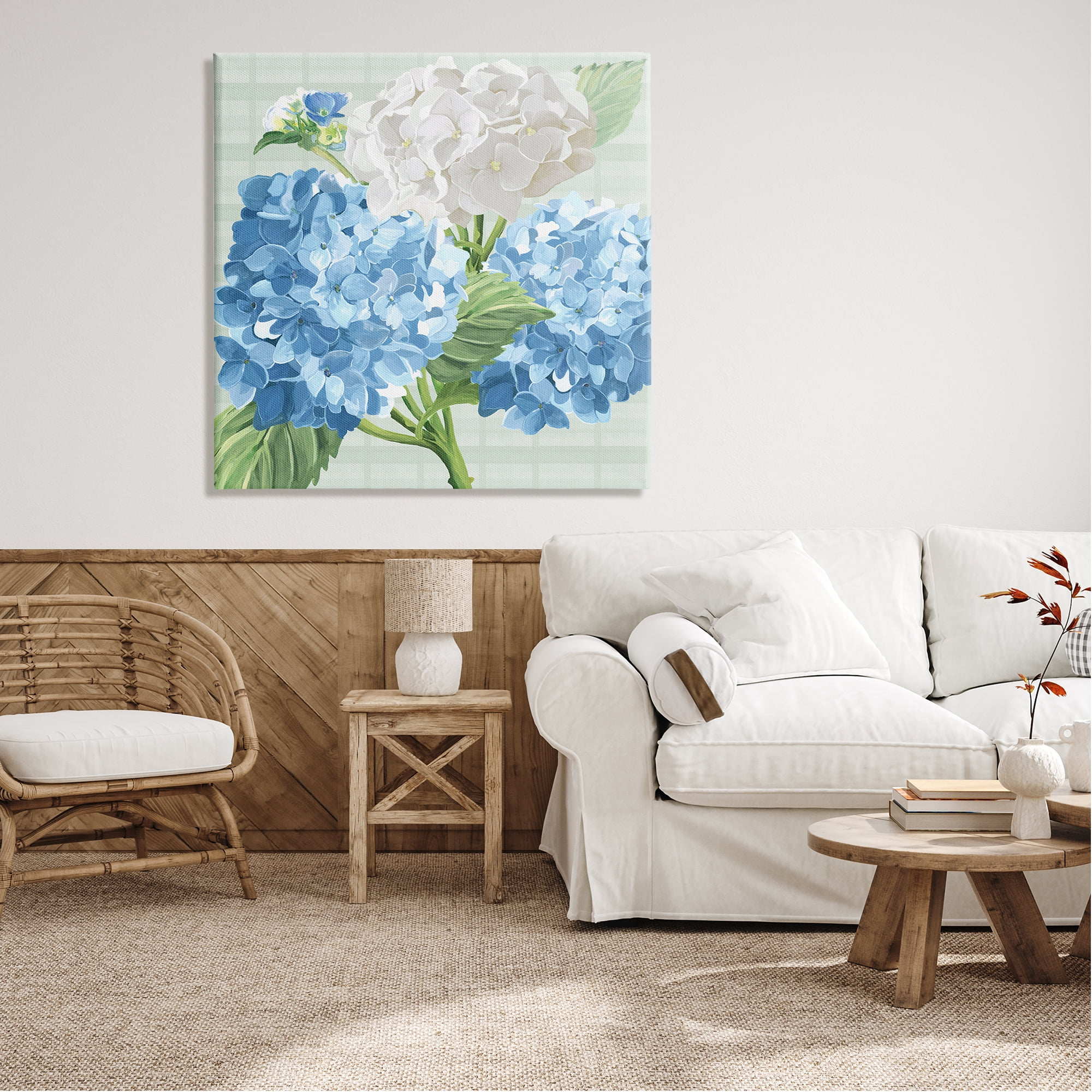 Stupell Industries Hydrangeas on Plaid Botanical & Floral Painting Gallery Wrapped Canvas Print Wall Art, 36 x 36