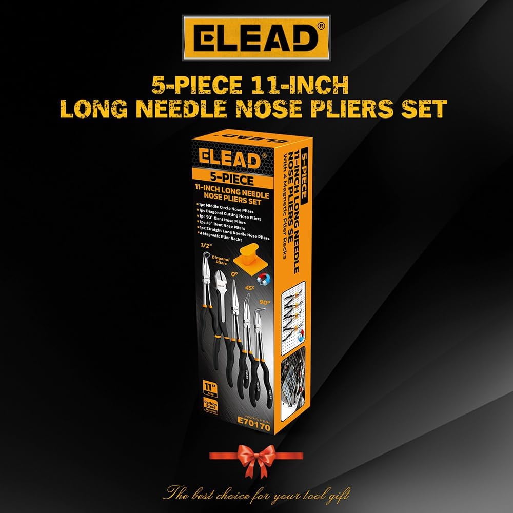 5-Piece 11 Inch Long Needle Nose Set with 4 Magnetic Plier Racks, Extra Long Reach Set, 45° & 90° Bent Needle Nose , Circle Nose and Diagonal for Tight Spaces
