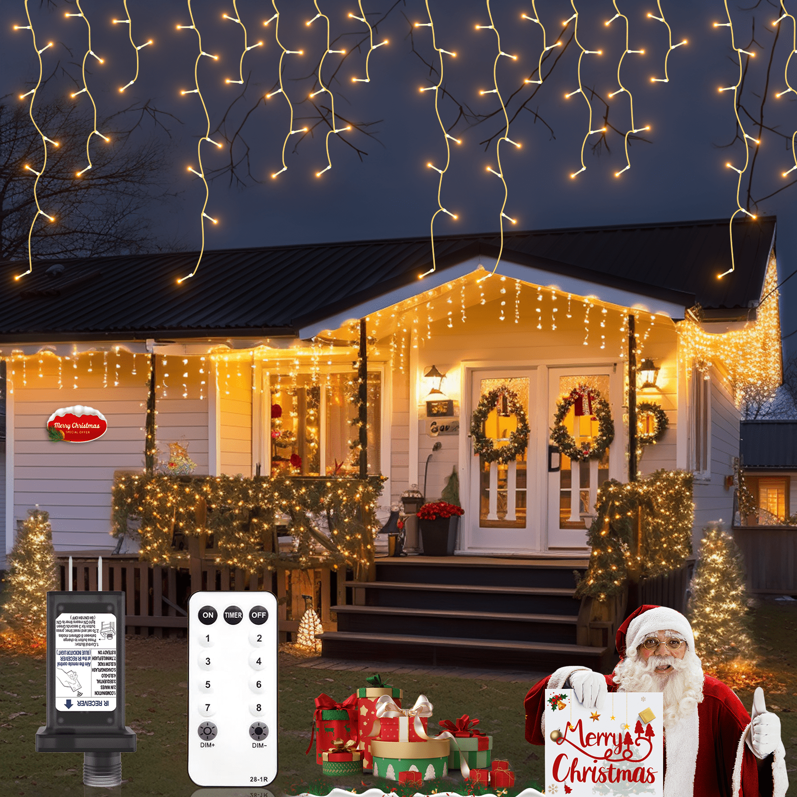 19.69ft 300LED Icicle Christmas Lights with Timer, Remote, Dimmable, 8 Modes, Waterproof String Lights for Indoor and Outdoor Use, Halloween Festival Party