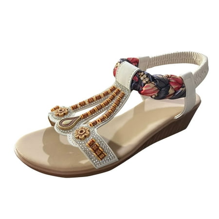 

Xboschi Womens Sandals Dressy Women s Platform Sandals Women s Summer Fashion Flat Wedge Open Toe Beaded Bohemian Beach Shoes Elastic Sandals
