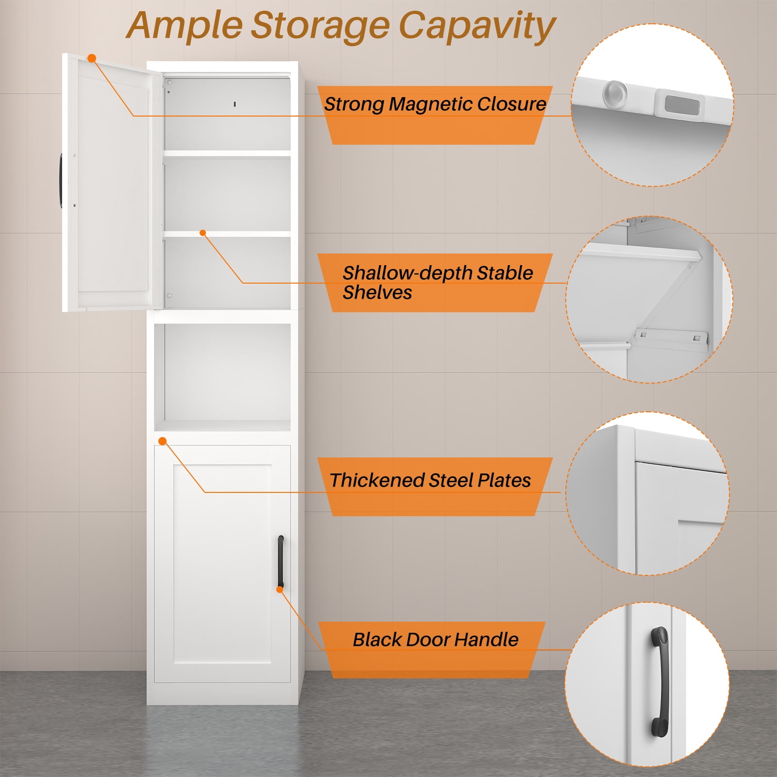 Tall Narrow Bathroom Storage Cabinet - Metal Pantry Cabinet, Slim Cabinet for Small Spaces, Bathroom, Kitchen, Living Room, Dining Room(16 inches Wide White)