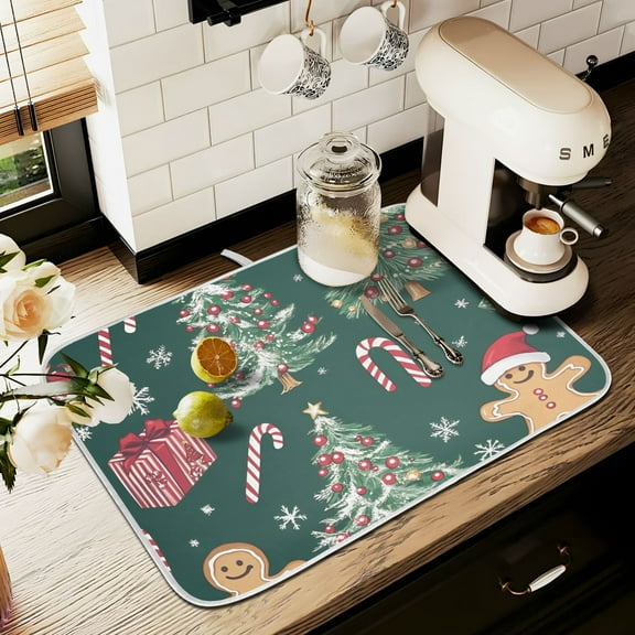 Yayeee Dish Drying Mat for Kitchen Counter 16" x 18" Microfiber Super Absorbent Coffee Decorative Pad, Red Christmas Gingerbread