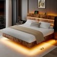 thumbnail image 5 of Honfach Floating King Size Bed Frame with LED Lights & Charging Station, Platform Bed with Wooden Storage Headboard, Steel Slats Support,Vintage Brown, 5 of 9