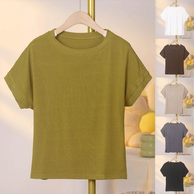 HVOBTTY T-Shirt de Sport d'Été Confortable pour Femmes Grande Taille Mode Douce Couleur Unie Manches Courtes Col Rond Ample Respirant Polyvalent Quotidien Basique Jaune, TG