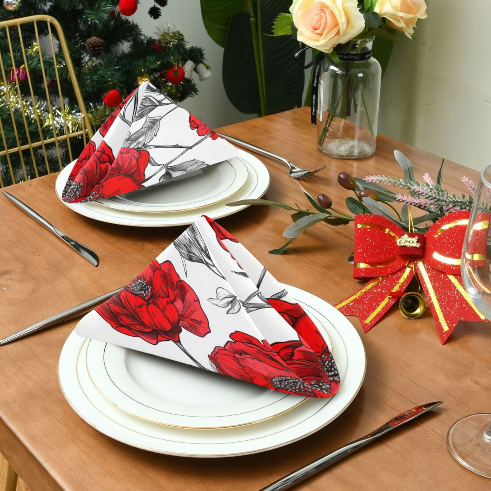 JSTEL Red Peony Flowers Cloth Napkins Set of 6, 20x20 Inch Washable and Reusable Napkin for Decoupage Dinner Party Everyday Use