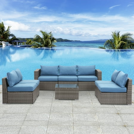 Superjoe 8 Pcs Patio Sectional Sofa Set Outdoor Conversation Set Blue
