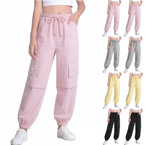 Pretxorve Kids Girls Cargo Pants Solid Basic Thin Cuffed Sport Casual Bottoms Sizes 1-14Y