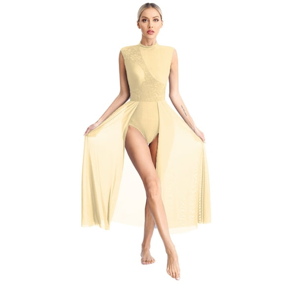 Sxiwei Womens Lyrical Dance Costume Mock Neck Flowy Skirted Leotard Contemporary Ballet Dancewear Champagne M