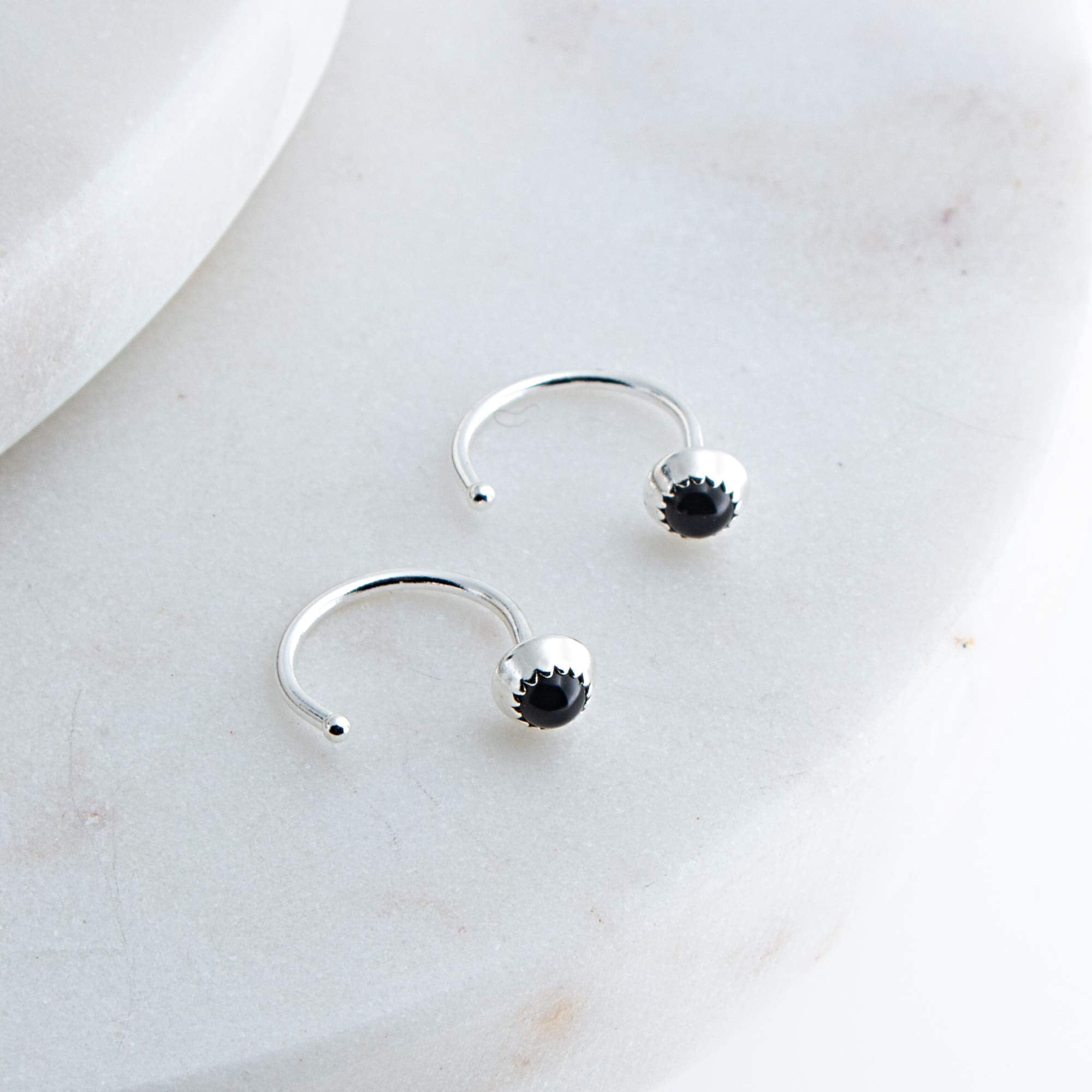 Half Huggie Silver Hoop Earrings for Women Tiny Cartilage Birthstone Stud Piercing Earring Hypoallergenic Screw Back Dainty Cartilage Hoops (Black Onyx 3mm / 20 gauge)