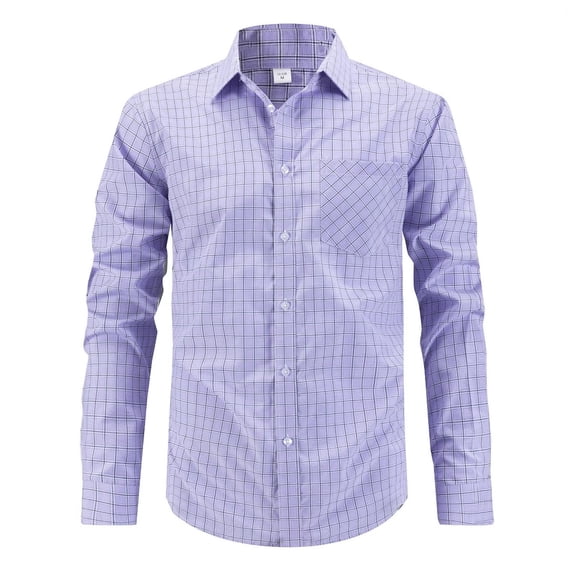 IYTR Mens Dressy Business Shirts Fall Fashion Casual Plaid Long Sleeve Turndown Collar Shirt with Pocket (Purple,XL)