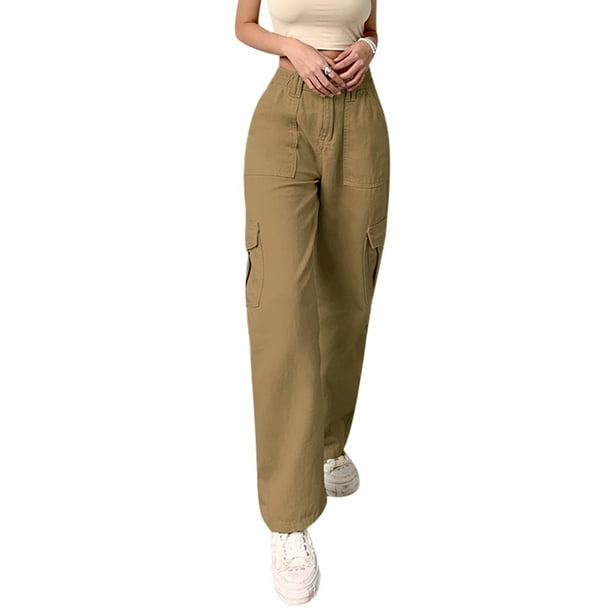 LDD-Women Solid Color Cargo Pants, High Waist Straight-leg Buckle Jeans  with Pockets, Khaki/ Brown