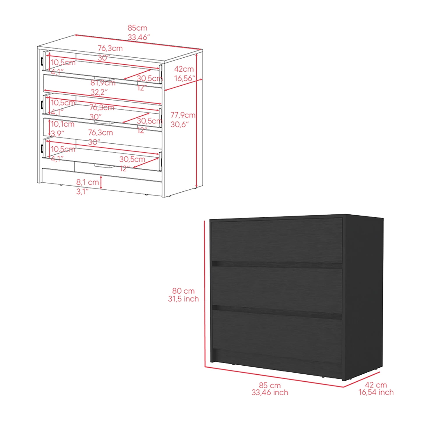Kadyn Chest of Drawers, Nightstand with Three Drawers, Black Storage Cabinet for Living Room Kadyn Chest of Drawers, Nightstand with Three Drawers, Black Storage Cabinet for Living Room
