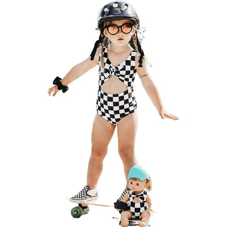 

AMILIEe Infant Baby Girl s One-piece Bikini Halter Sleeveless Plaid Hollowed Bowknot Swimming Bathing Swimsuit