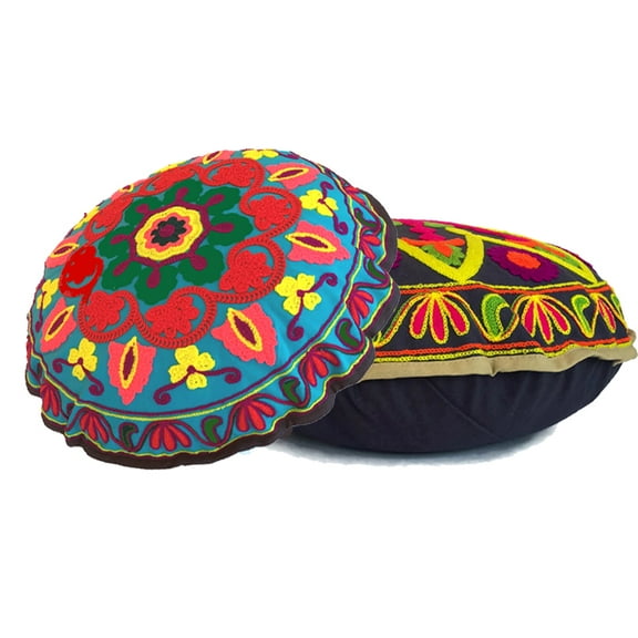 Stylo Culture Ethnic Pillow Seats For Floor Traditional Sujani Embroidered Boho Cushion Cover Colorful 18x18 Small Decorative Round Decor Seating Tuffet Seat Pouf Cover Cotton Floral Set Of 2