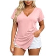 thumbnail image 2 of TGSLY Asymmetrical Hem T-Shirts for Women Lightweight Soft Deep V-Neck Solid Color Blouses Dressy Casual Side Twist Knot Short Sleeve Tops L, 2 of 8