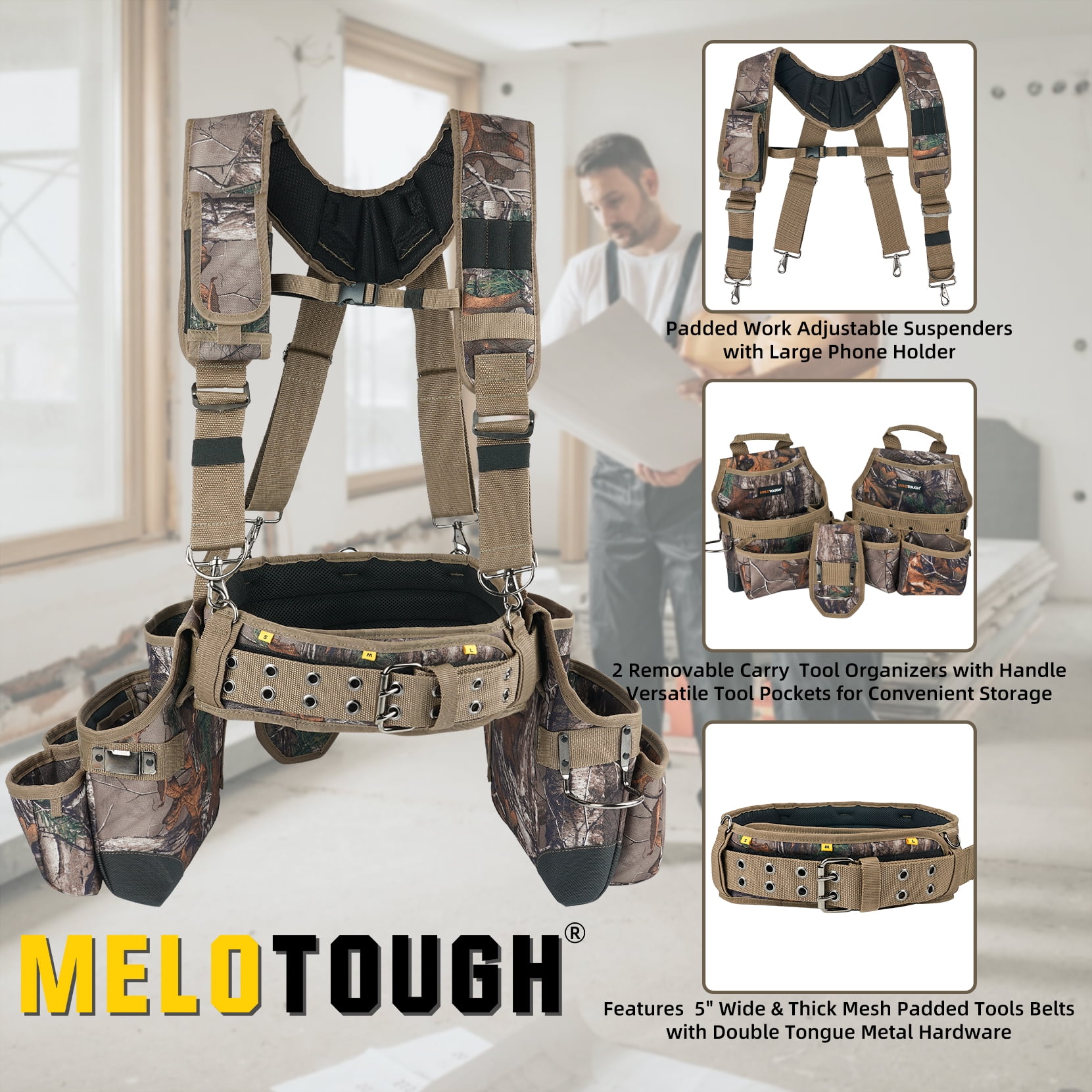 MELOTOUGH Camo Tool Belt with Suspenders Camouflage Tool Bag Supenders Framers Comb Apron Tool Belt Construction Tool Pouch Suspenders Heavy Duty Carpenter Suspension Rig for Electrician