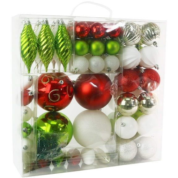 R N' D Toys RND Christmas Hanging Ball Ornaments  Assorted Colors Christmas Ball Tree Ornament Set with Hook (Red, Green & White)
