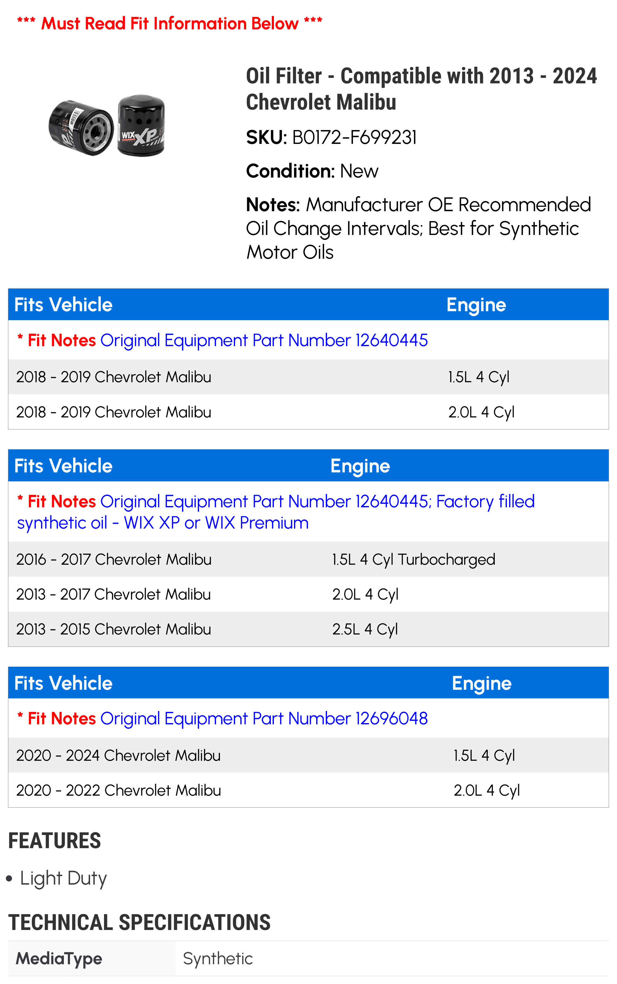 Oil Filter - Compatible with 2013 - 2024 Chevy Malibu 2014 2015 2016 2017 2018 2019 2020 2021 2022 2023