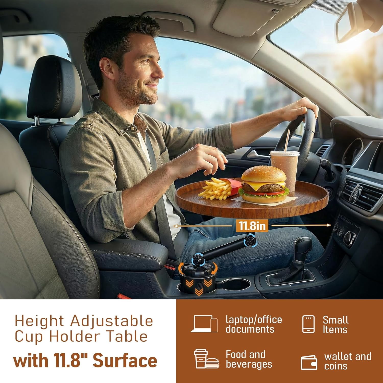 Car Food Cup Holder Tray - 360° Rotating Car Table and Car Seat Tray, Detachable Wooden Car Desk for Laptop and Food Tray, Compatible with Tesla Model Y/3/S, Ford F150/Explorer (Brown, 11.8")