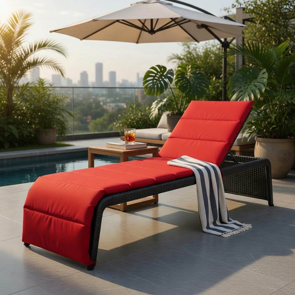 Hommoo Adjustable Outdoor Rattan Chaise Lounge Chair with Thick Cushion, PE Wicker Recliner for Patio, Pool & Garden, Red