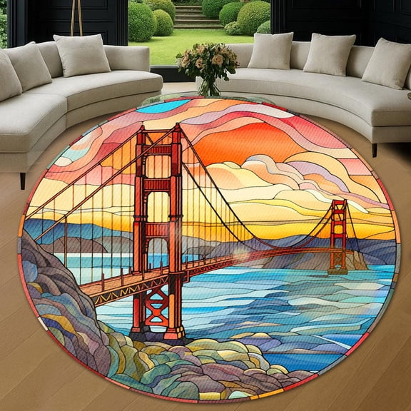 Circle Area Rug, Golden Gate Washable Non-Slip Floor Carpet, Soft Rug for Living Room Bedroom Decor 24 Inch