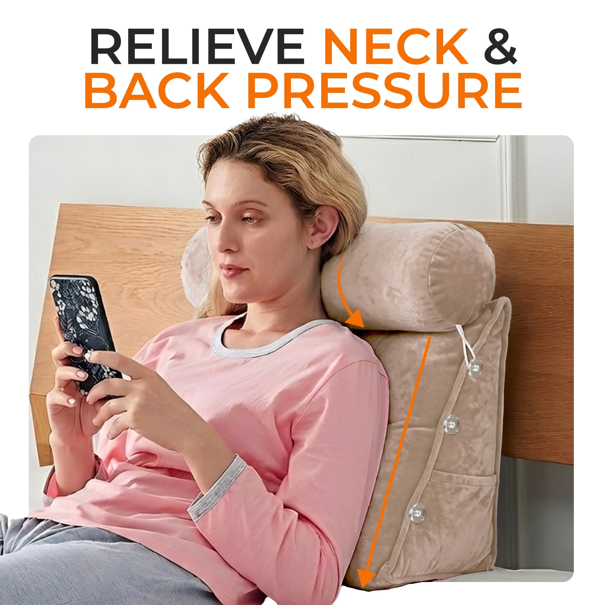 Cheer Collection Back Support Wedge Pillow with Adjustable Neck Pillow, Taupe