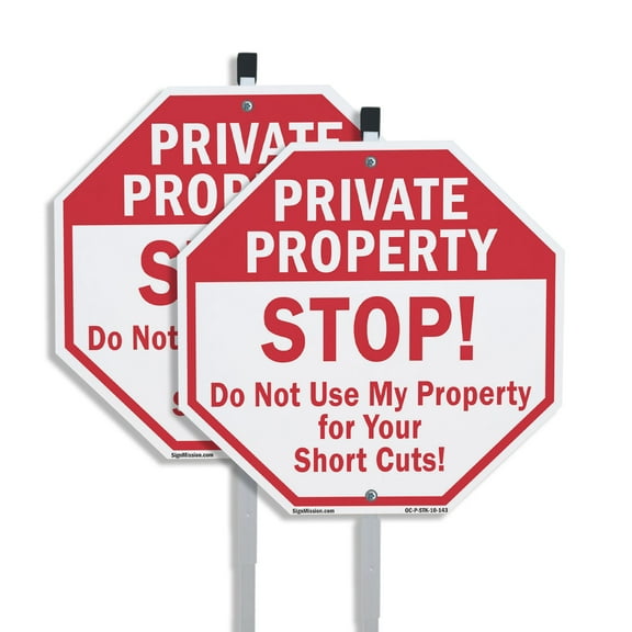 Private Property Stop! Do Not Use My Property for Your Short Cuts! (2 Pack) 10 inch X 10 inch Octagon Aluminum Metal Signs with Aluminum Mounting Stakes Weather Resistant UV Protected