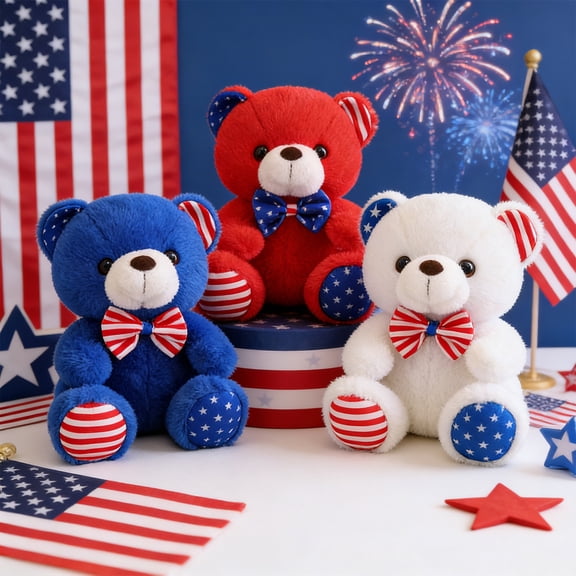 Cute Patriotic Striped P Bear Stuffed Animal Gift for Independence Day, Soft Fluffy Doll for 4th of July Party, Holiday Gift & Home Festive Decoration Ornament, July 4Th Decorations, White