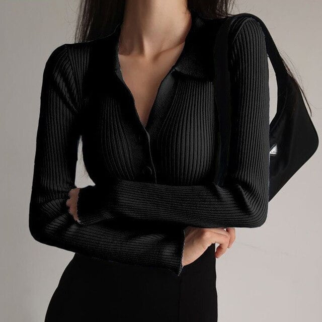 Autumn Winter Women Long Sleeve V Neck Button Stretchable Pullover