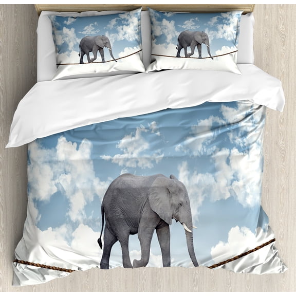 Animal Duvet Cover Set, Classic Walking on Heavy Large Balance Cloudy Skies, Decorative 3 Piece Bedding Set with 2 Pillow Shams, Calking Size, Blue Grey White, by Ambesonne