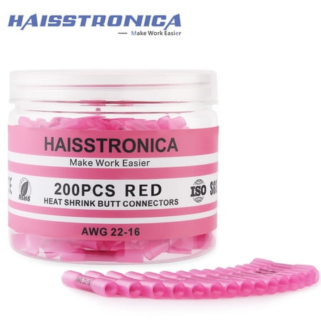 haisstronica 200PCS Heat Shrink Butt Connectors, AWG 22-16 Tinned Copper Waterproof Wire Terminals Kit